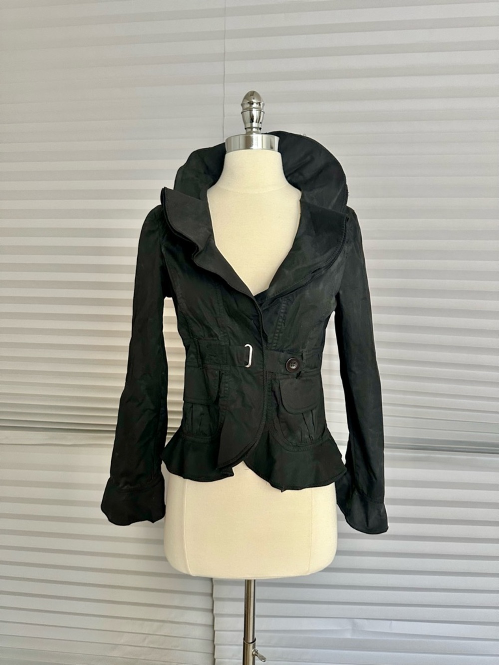 Romy Black Tailored Peplum Jacket with Funnel Collar